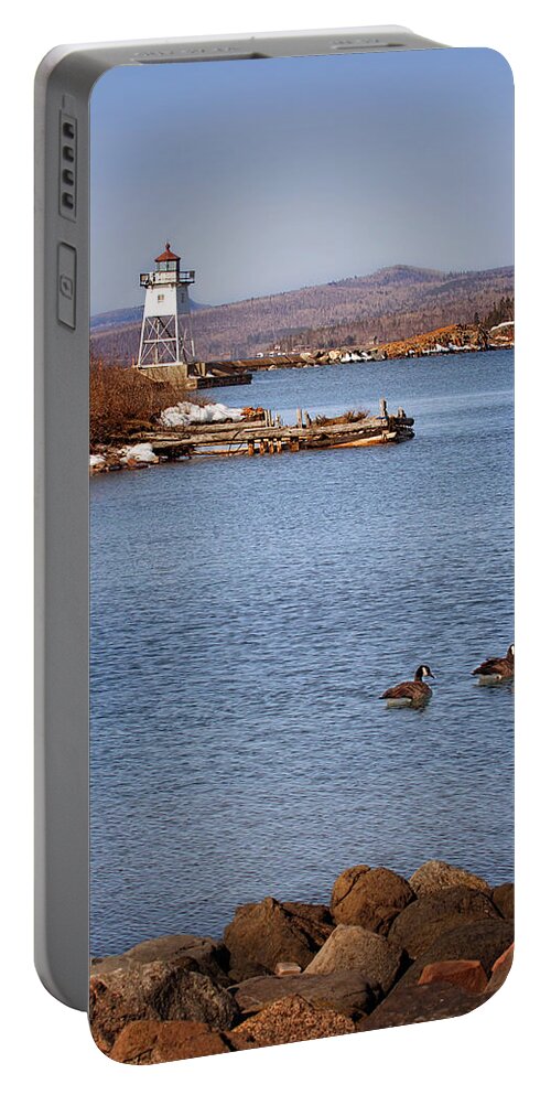Grand Marais Portable Battery Charger featuring the photograph Grand Marais Breakwater Lights by Susan Rissi Tregoning