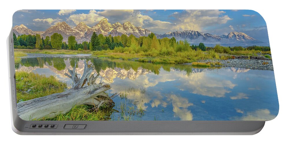 Adventure Portable Battery Charger featuring the photograph Grand Teton Riverside Morning Reflection by Scott McGuire