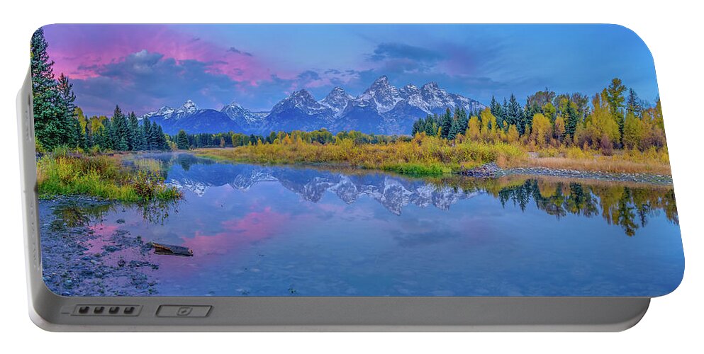 Adventure Portable Battery Charger featuring the photograph Grand Teton Sunrise Panoramic by Scott McGuire