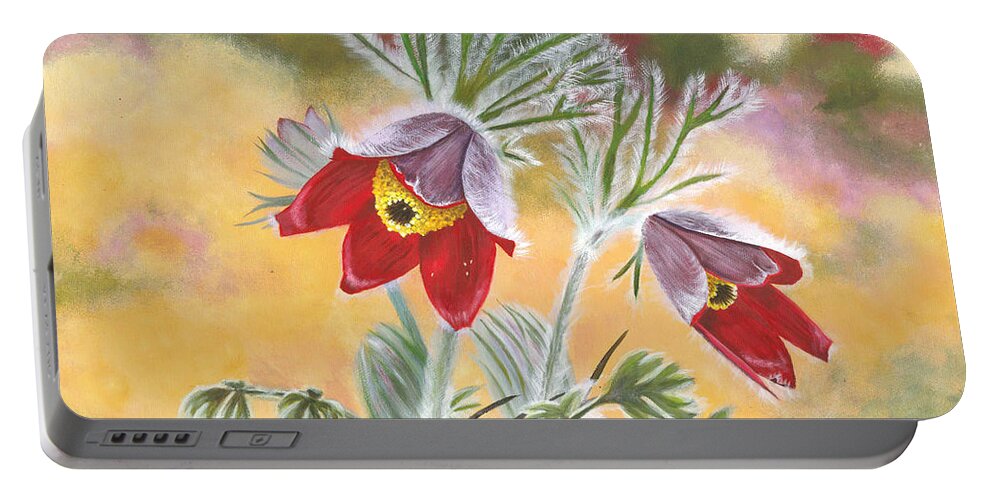 Pulsatilla Koreana Portable Battery Charger featuring the painting Granny flowers by Helian Cornwell