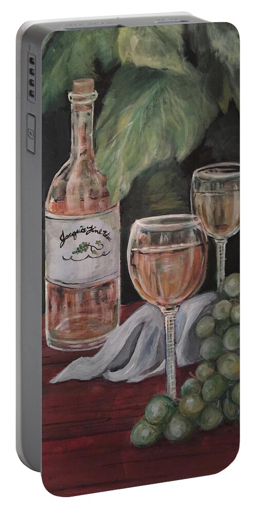 Green Grape Leaves And Grapes Surround A Bottle Of Wine With 2 Glasses. Grapes Portable Battery Charger featuring the painting Grape Leaves and Wine by Charme Curtin