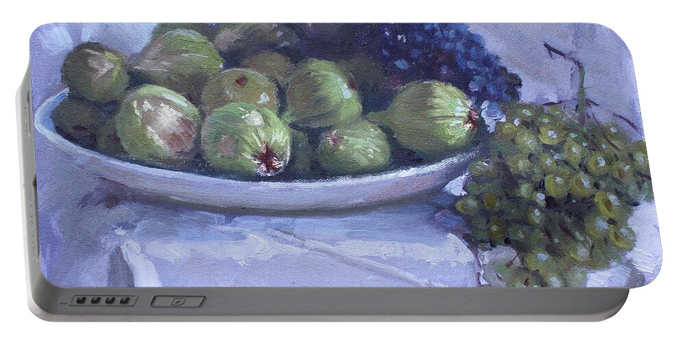 Grapes Portable Battery Charger featuring the painting Grapes and Figs at Lida's by Ylli Haruni