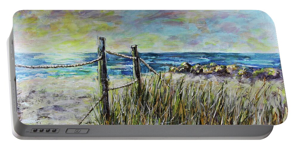 Grass Portable Battery Charger featuring the painting Grassy Beach Post Morning 1 by Janis Lee Colon