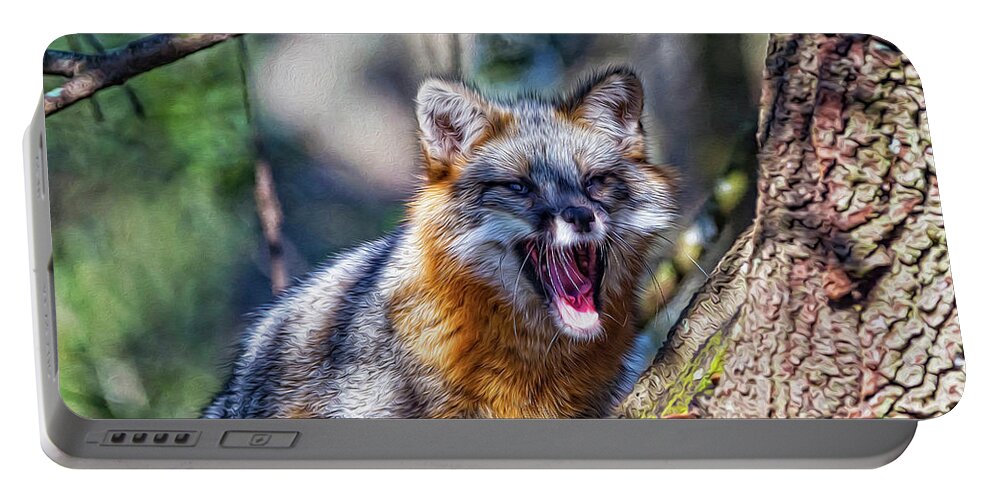Nature Portable Battery Charger featuring the digital art Gray Fox Awakens In The Tree by DB Hayes