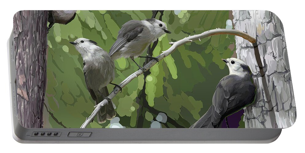 Perisoreus Canadensis Portable Battery Charger featuring the digital art Gray Jays Group by Pam Little