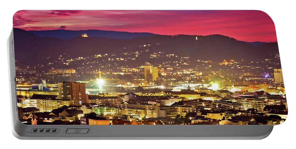 Graz Portable Battery Charger featuring the photograph Graz city center aerial view at burning sky dusk by Brch Photography