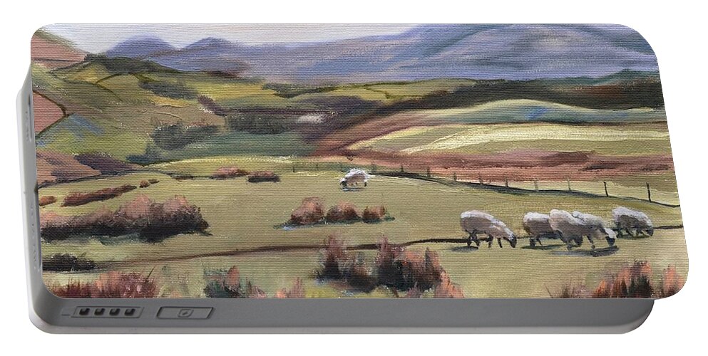 Sheep Portable Battery Charger featuring the painting Grazing Sheep by Donna Tuten
