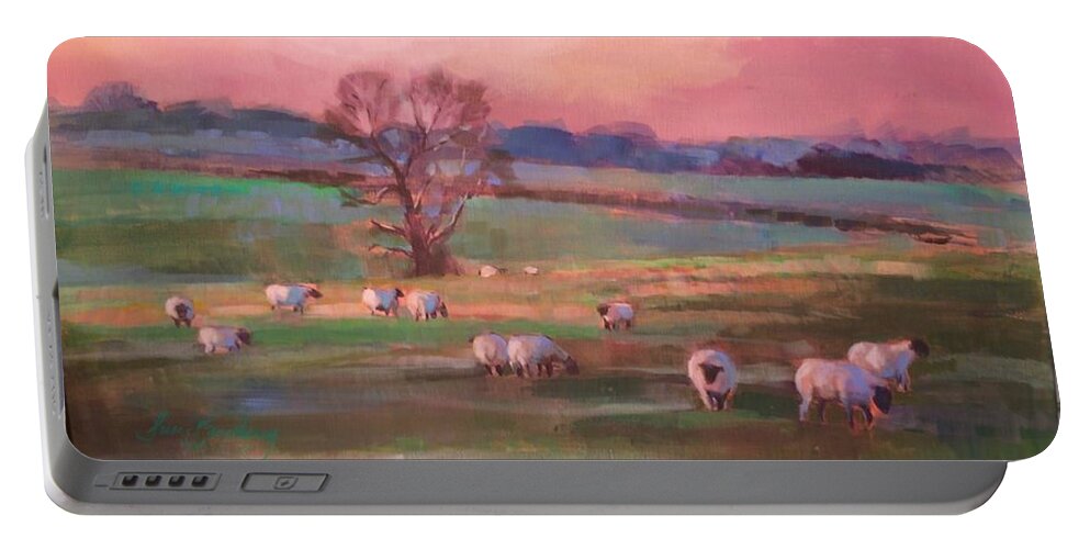 Sheep Portable Battery Charger featuring the painting Grazing sheep by Susan Bradbury