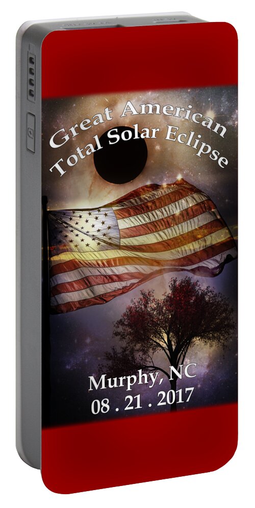 American Portable Battery Charger featuring the digital art Great American Eclipse American Flag T Shirt Art by Debra and Dave Vanderlaan