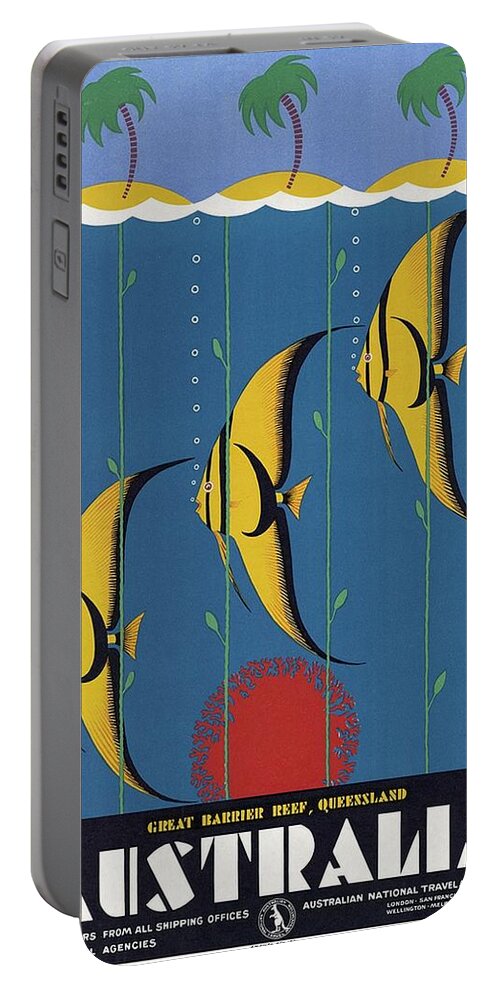 Barrier Reef Portable Battery Charger featuring the mixed media Great Barrier Reef, Queensland, Australia - Retro travel Poster - Vintage Poster by Studio Grafiikka