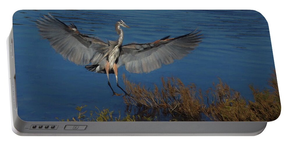 Animals Portable Battery Charger featuring the digital art Great Blue Heron Landing by Ernest Echols