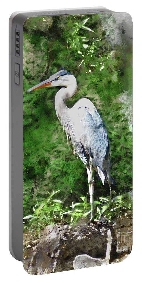 Heron Portable Battery Charger featuring the digital art Great Blue Heron Watercolor by Kathy Kelly