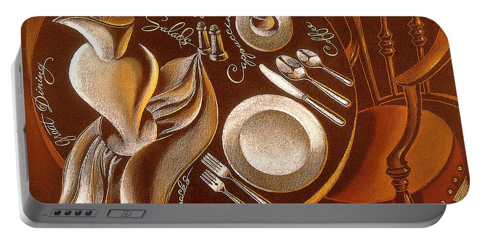  Chair Coffee Cutlery Food Home Kitchen Restaurant Table Flowers Still Life Salad Cappuccino Great Dining Drink Wall Decor Art Dinner Breakfast Lunch Portable Battery Charger featuring the painting Great Dining by Leon Zernitsky