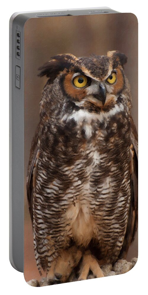 Great Horned Owl Portable Battery Charger featuring the digital art Great Horned Owl Digital Oil by Flees Photos