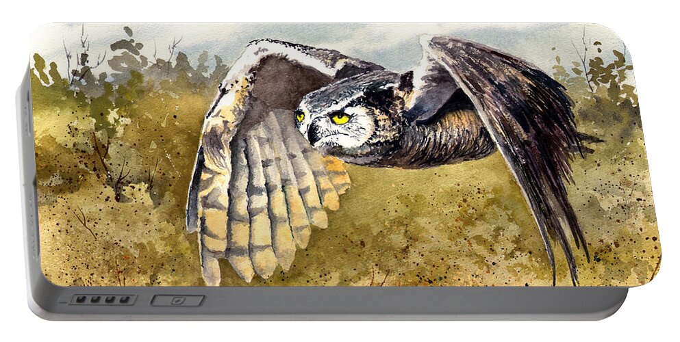 Owl Portable Battery Charger featuring the painting Great Horned Owl in Flight by Sam Sidders