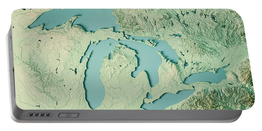 North America Portable Battery Charger featuring the digital art Great Lakes 3D Render Topographic Map Color by Frank Ramspott