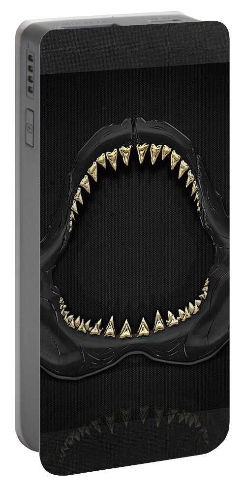 'black On Black' Collection By Serge Averbukh Portable Battery Charger featuring the digital art Great White Shark - Black Jaws with Gold Teeth on Black Canvas by Serge Averbukh