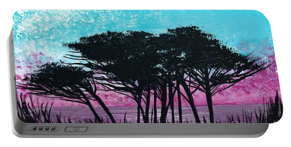 #trees #greece #woods #water #ocean #landscape Portable Battery Charger featuring the painting Grecian Sunset by Allison Constantino