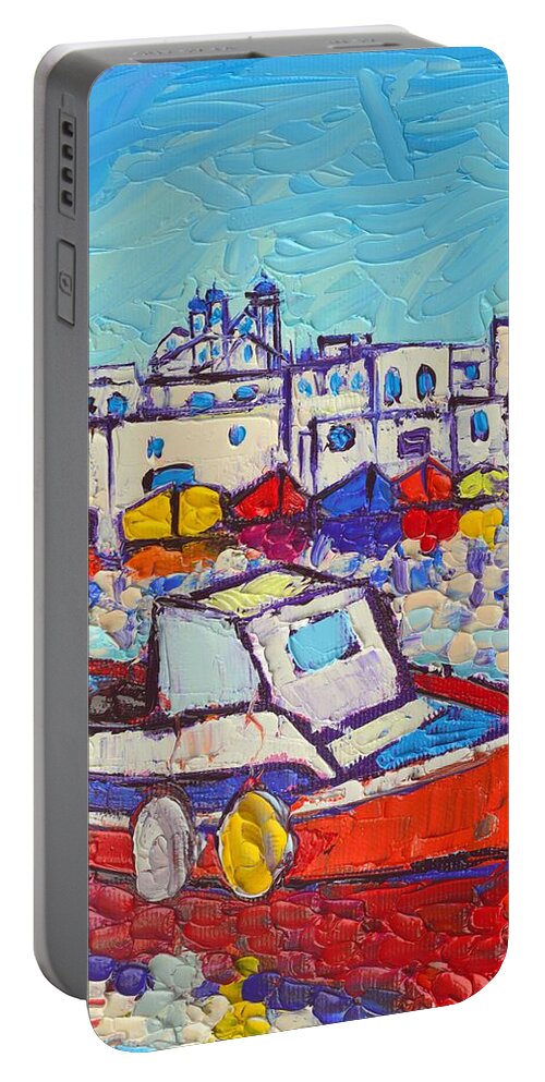 Greece Portable Battery Charger featuring the painting GREECE PAROS ISLAND NAOUSSA PORT modern impressionist palette knife oil painting Ana Maria Edulescu by Ana Maria Edulescu