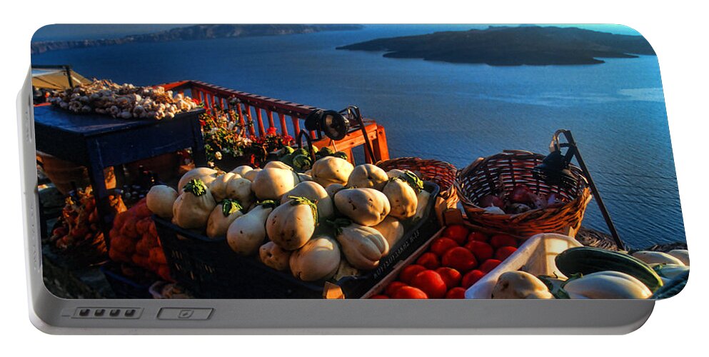 Europe Portable Battery Charger featuring the photograph Greek food at Santorini by David Smith
