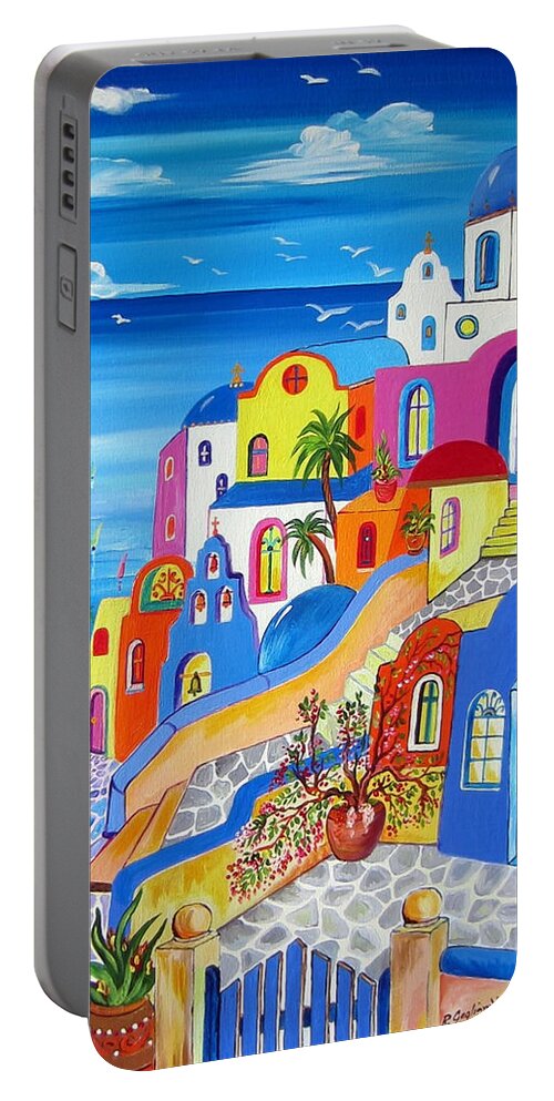 Santorini Portable Battery Charger featuring the painting Greek Islands Fantasy Village Santorini by Roberto Gagliardi