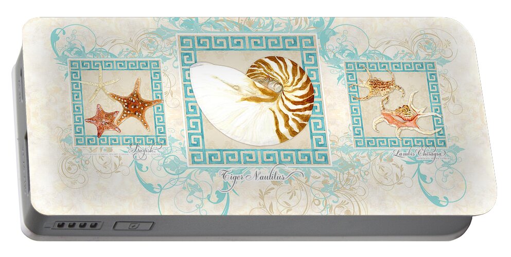 Seashells Portable Battery Charger featuring the painting Greek Key Nautilus Starfish n Conch Shells by Audrey Jeanne Roberts