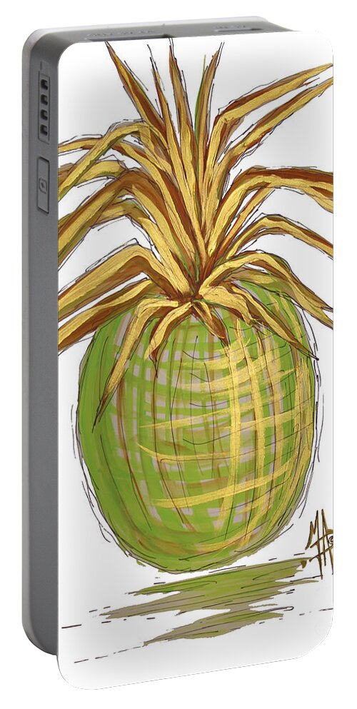 Pineapple Portable Battery Charger featuring the painting Green Gold Pineapple Painting Illustration Aroon Melane 2015 Collection by MADART by Megan Aroon