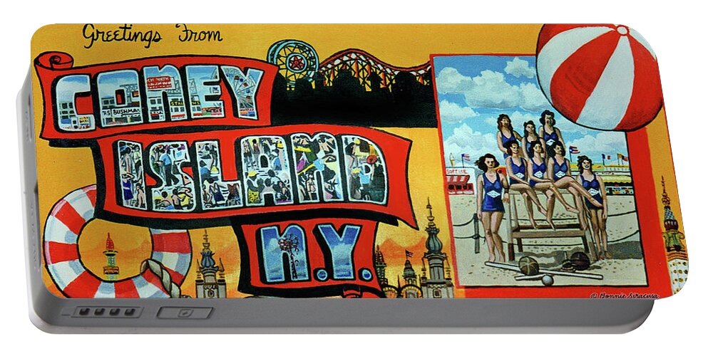 Coney Island Portable Battery Charger featuring the painting Greetings From Coney Island Towel Verson by Bonnie Siracusa