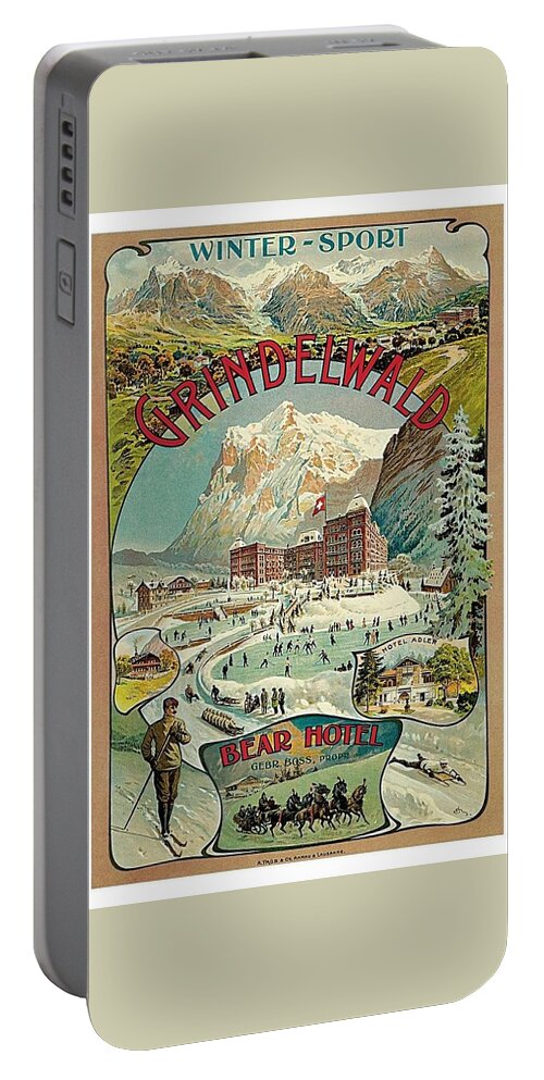 Grindewald Switzerland Travel Poster Portable Battery Charger featuring the painting Grindewald Switzerland Travel Poster by MotionAge Designs
