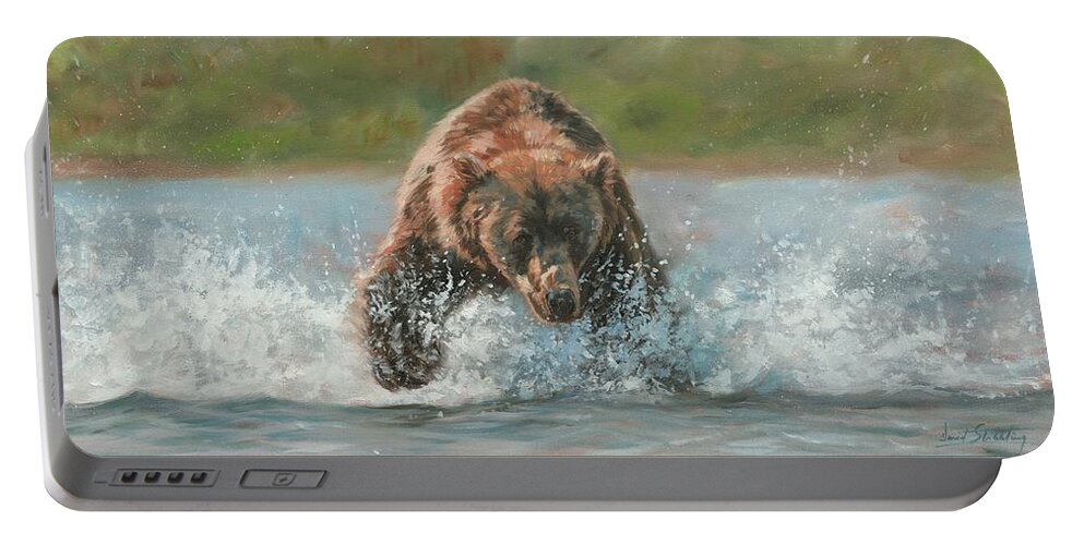 Brown Bear Portable Battery Charger featuring the painting Grizzly Charge by David Stribbling