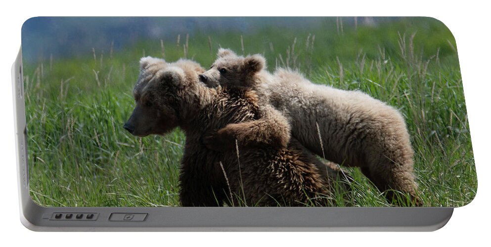 Wildlife Portable Battery Charger featuring the digital art Grizzly Mother And a Cub in Katmai National Park by OLena Art