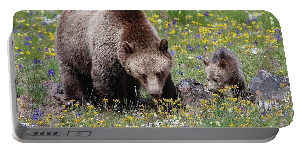Mark Miller Photos Portable Battery Charger featuring the photograph Grizzly Sow and Cub in Summer Flowers by Mark Miller