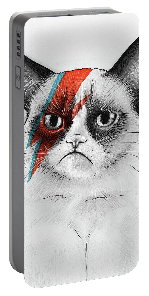 Grumpy Cat Portable Battery Charger featuring the drawing Grumpy Cat as David Bowie by Olga Shvartsur