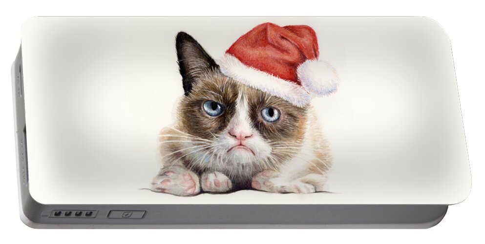 Grumpy Portable Battery Charger featuring the painting Grumpy Cat as Santa by Olga Shvartsur