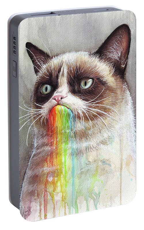 Grumpy Cat Portable Battery Charger featuring the painting Grumpy Cat Tastes the Rainbow by Olga Shvartsur