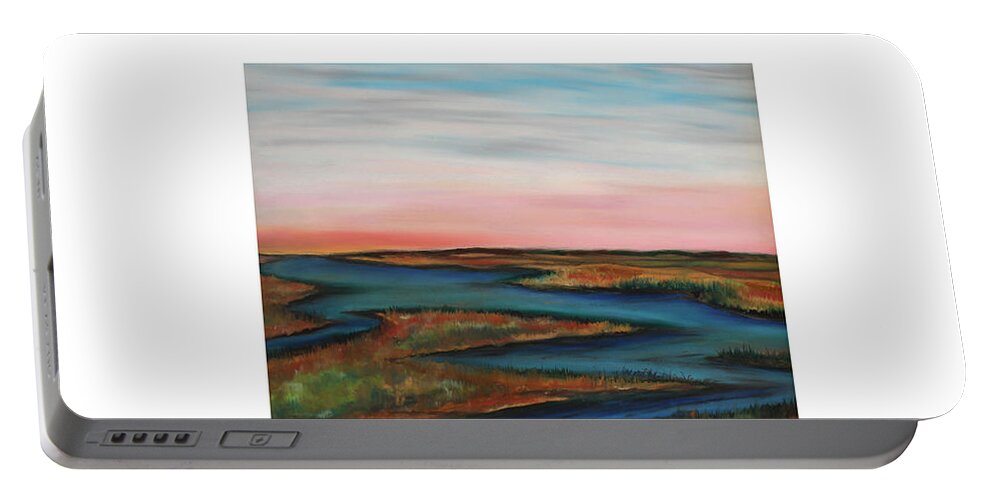 Sky Light Gold Grasses Marsh Tide Coastal Saltwater Beach Cottage Pink Glow Ocean Bay Nature Spirit Peace Tranquility Portable Battery Charger featuring the painting Guilded edge by Daniel Dubinsky