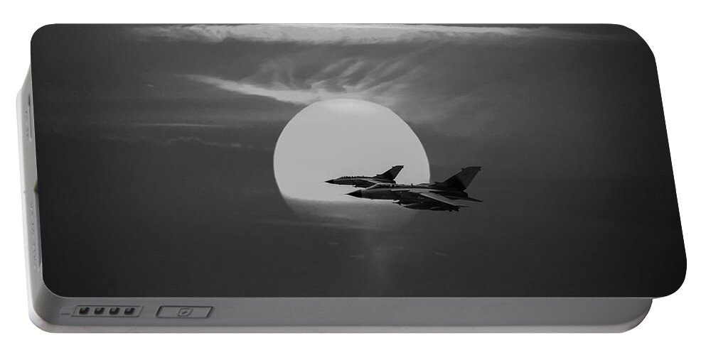 Tornado Gr1 Portable Battery Charger featuring the photograph Gulf War sunset departure BW version by Gary Eason