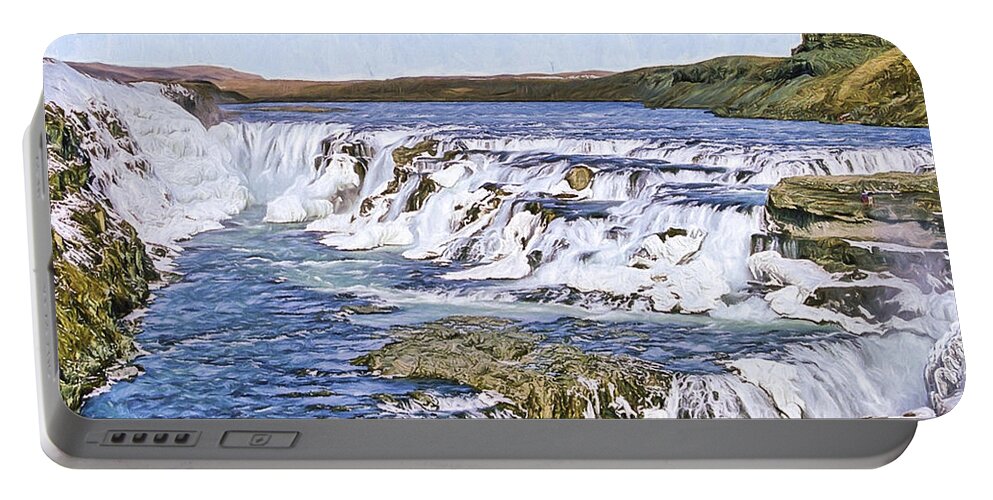 Europe Portable Battery Charger featuring the digital art Gullfoss Waterfalls 3 by Roy Pedersen