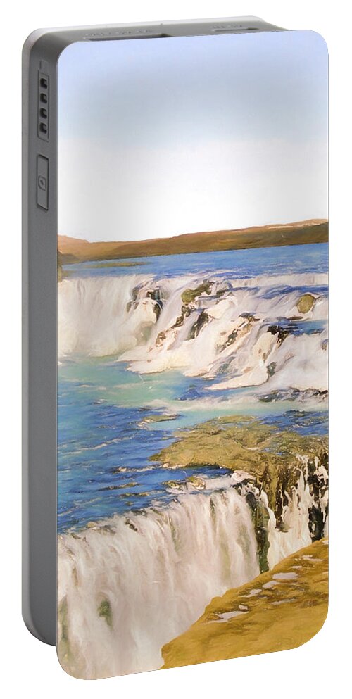 Europe Portable Battery Charger featuring the digital art Gullfoss Waterfalls Pastel 2 by Roy Pedersen