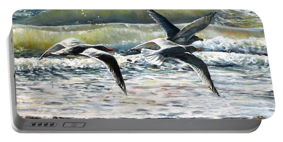 Gull Portable Battery Charger featuring the painting Gulls At Pebble Beach, Rockport, MA by Eileen Patten Oliver