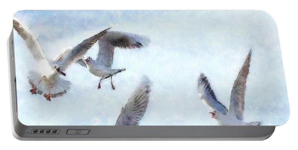 Gull Portable Battery Charger featuring the painting Gulls In Flight Watercolor by Taiche Acrylic Art