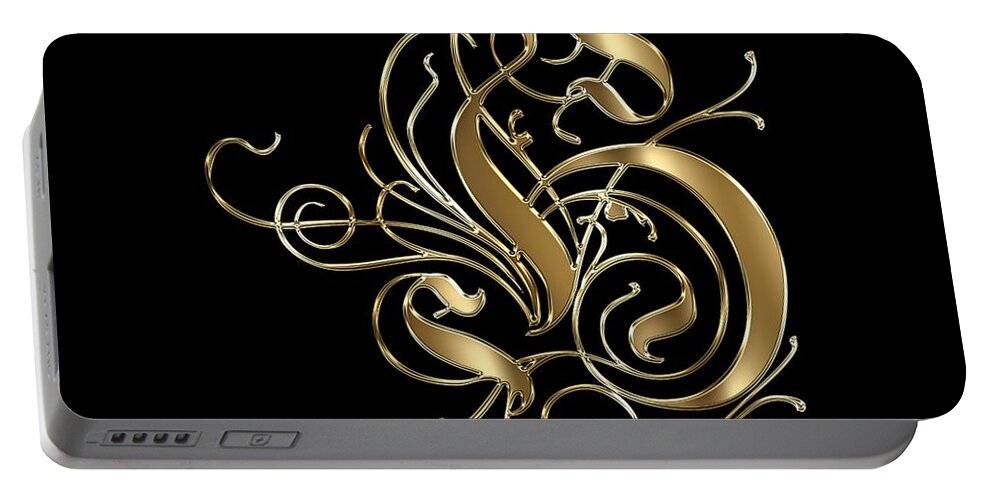 Gold Letter H Portable Battery Charger featuring the painting H Ornamental Letter Gold Typography by Georgeta Blanaru