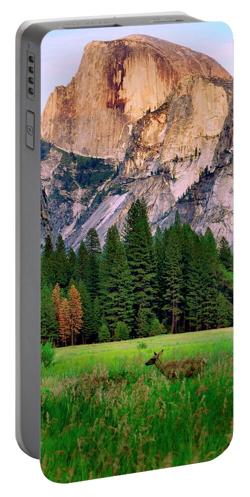 Patricia Sanders Portable Battery Charger featuring the photograph Half Dome and Deer by Her Arts Desire