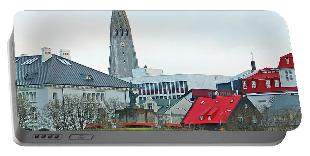 Reykjavik Portable Battery Charger featuring the photograph Hallgrimskirkja from Harpa 6219 by Jack Schultz