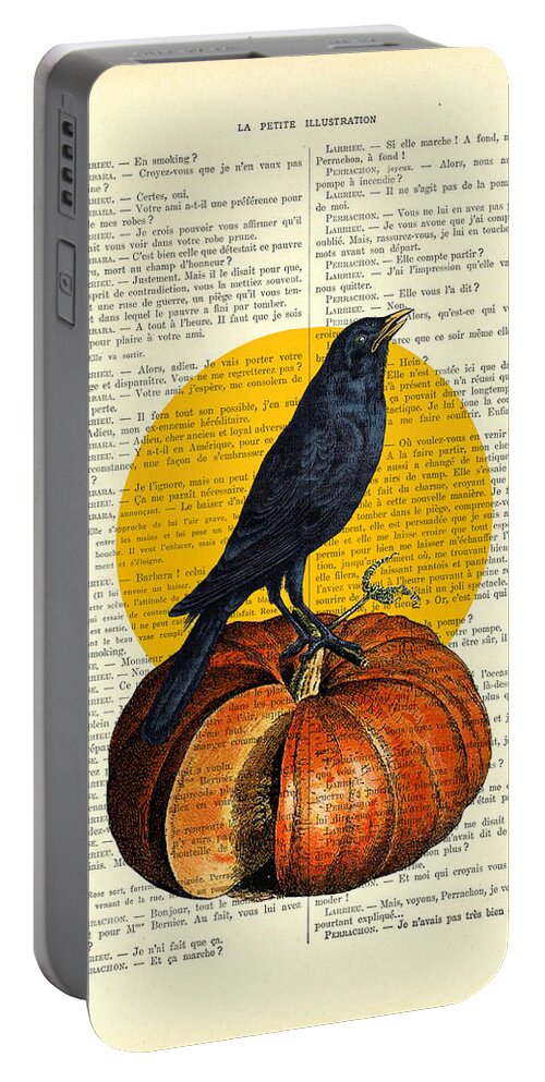 Crow Portable Battery Charger featuring the digital art Halloween pumpkin and crow decoration by Madame Memento