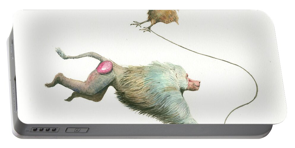 Hamadryas Baboon Portable Battery Charger featuring the painting Hamadryas baboon with hen by Juan Bosco