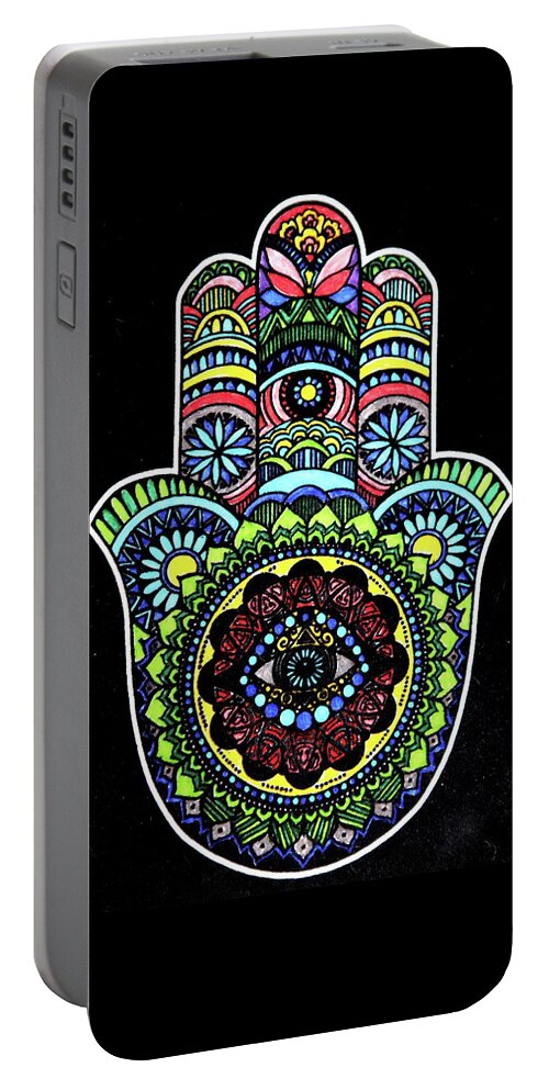 Hamsa Portable Battery Charger featuring the mixed media Hamsa by Valerie Ornstein
