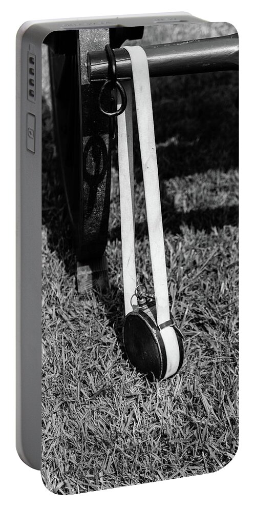 Black And White Portable Battery Charger featuring the photograph Hanging Canteen by Doug Camara