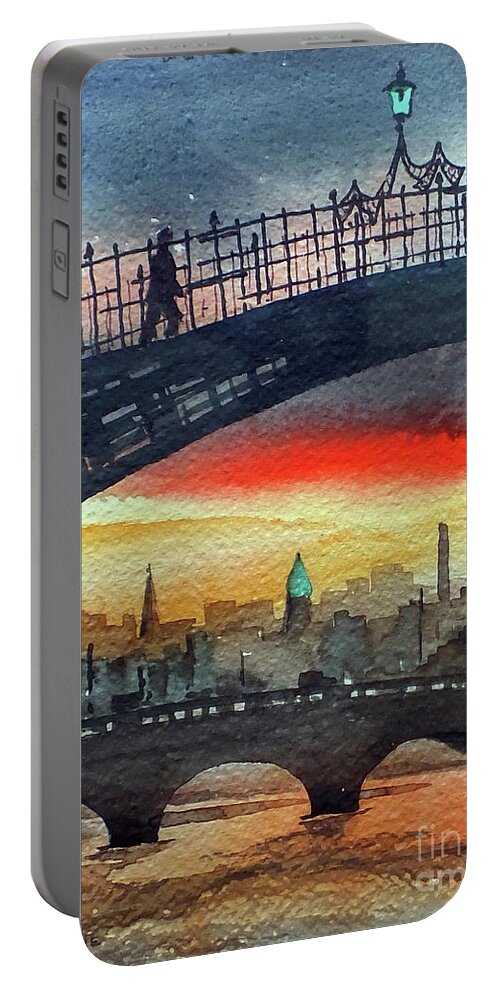 Silhouette Portable Battery Charger featuring the painting Hapenny Bridge Sunset, Dublin...27apr18 by Val Byrne