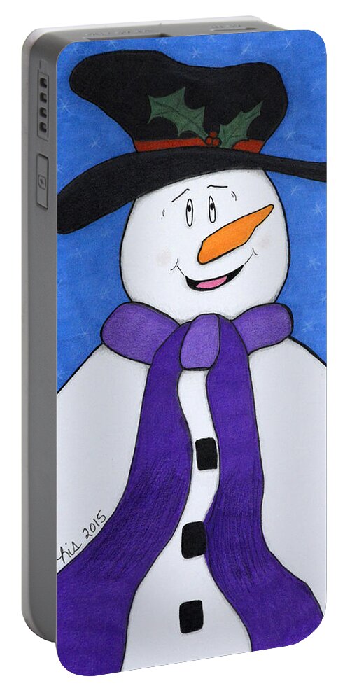 Snowman Portable Battery Charger featuring the drawing Happiness Snowman by Lisa Blake